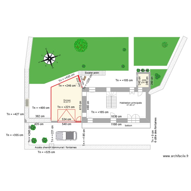 PC2_plan de masse_démolitions_murs et ouvertures (en rouge). Plan de 4 pièces et 100 m2