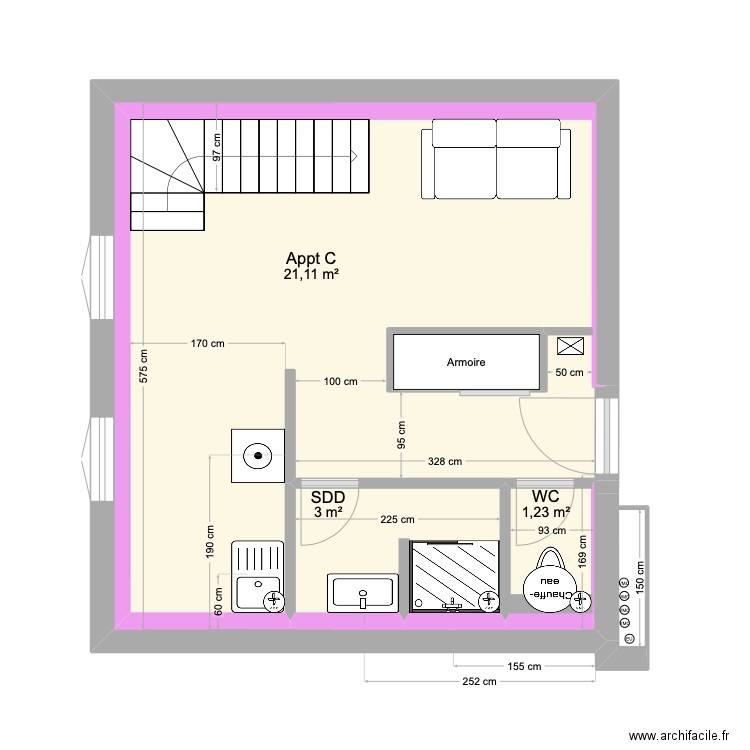 Appt C plomberie. Plan de 4 pièces et 26 m2