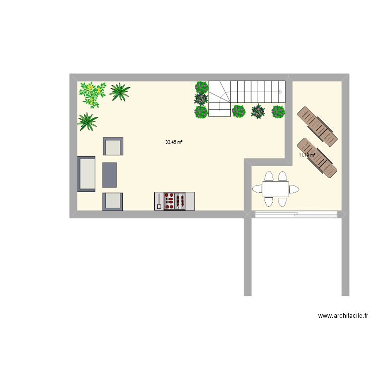 terrasse cuisine mounira. Plan de 2 pièces et 45 m2