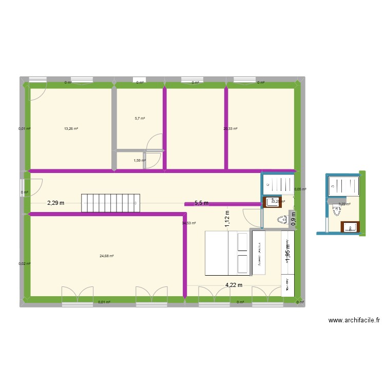 1er étage - RP. Plan de 19 pièces et 107 m2
