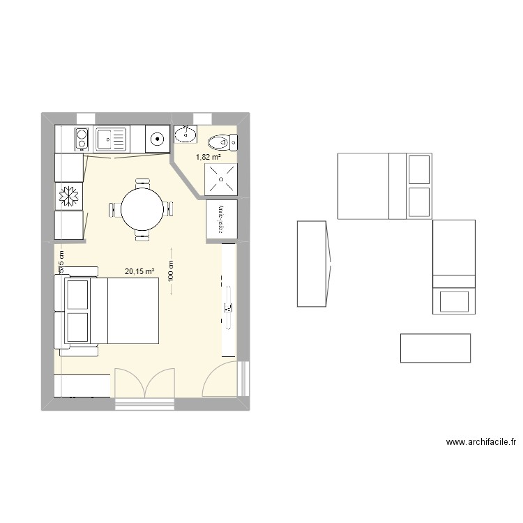 Studio 5 avec cotes sans lit. Plan de 0 pièce et 0 m2