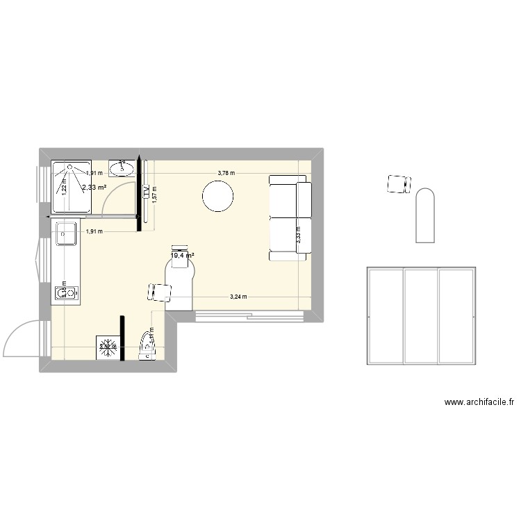 studio. Plan de 2 pièces et 22 m2