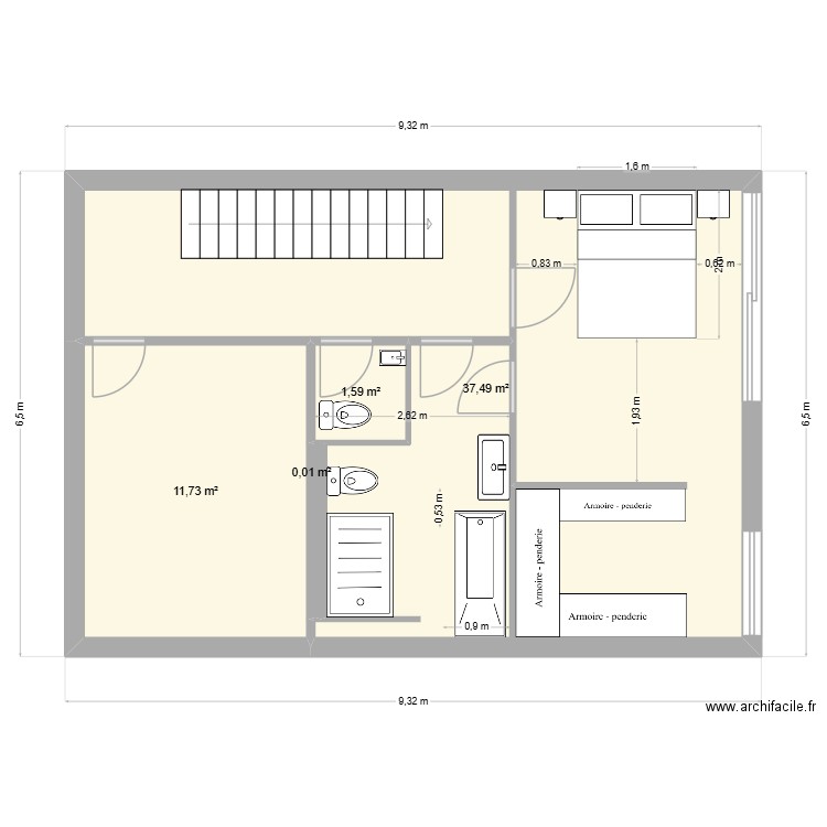 Grande salle de bain - 3 - 2 portes d'accès. Plan de 5 pièces et 51 m2