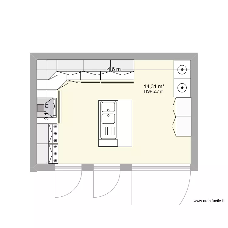 cuisine. Plan de 1  et 14 m²