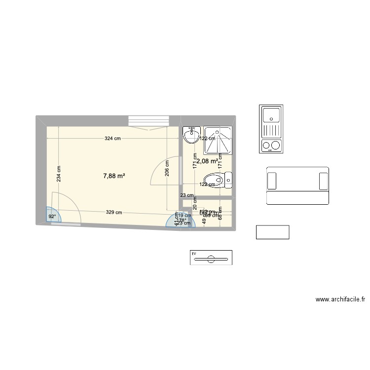 PAPASSAUDI VIDE. Plan de 3 pièces et 11 m2