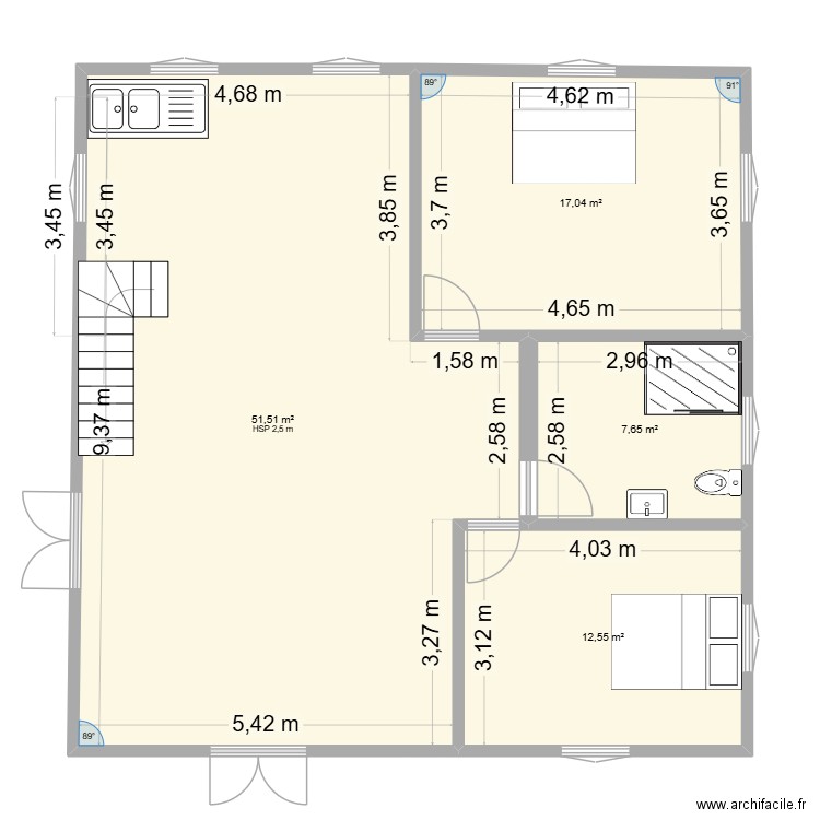 test comores 1. Plan de 4 pièces et 89 m2