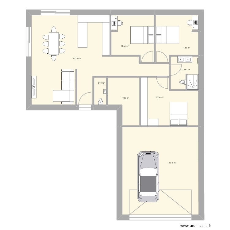 Maison L 100+40. Plan de 8 pièces et 146 m2