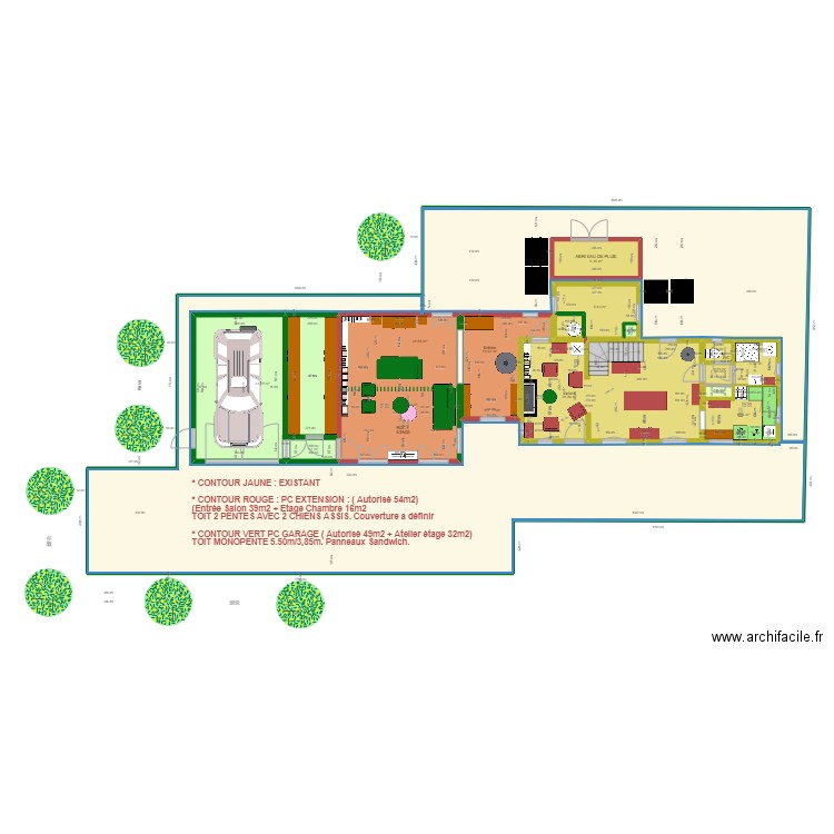 PLAN  EXISTANT + EXTENSION + GARAGE. Plan de 15 pièces et 330 m2