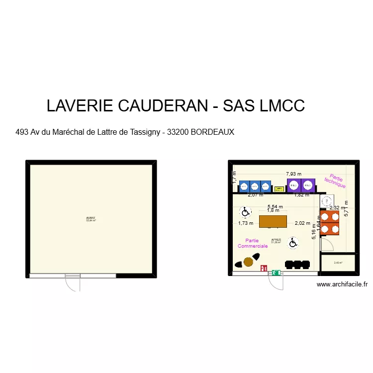 Laverie LMCC - Carrefour Caud&eacute;ran AVANT / APRES. Plan de 0 pièce et 0 m2