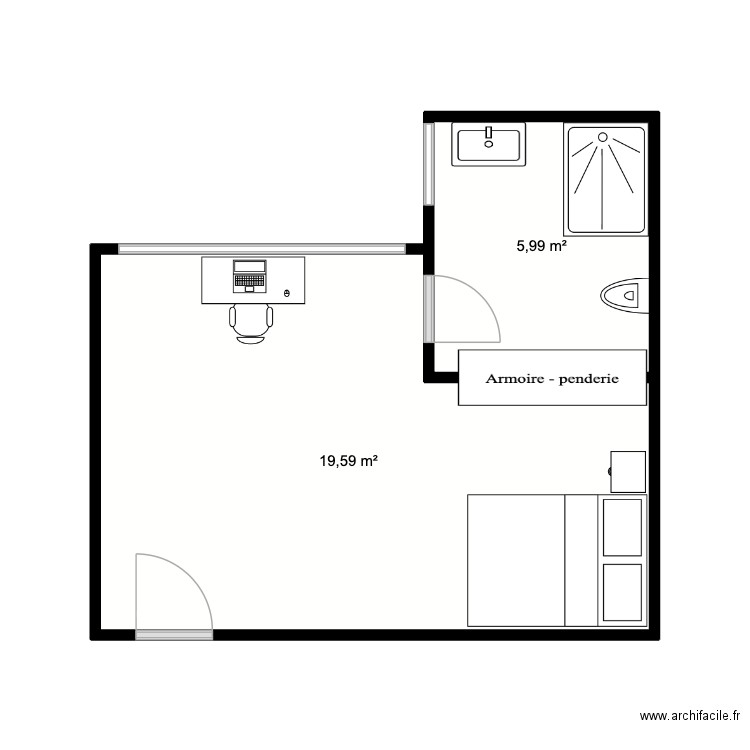 Chambre Ambroise. Plan de 2 pièces et 26 m2