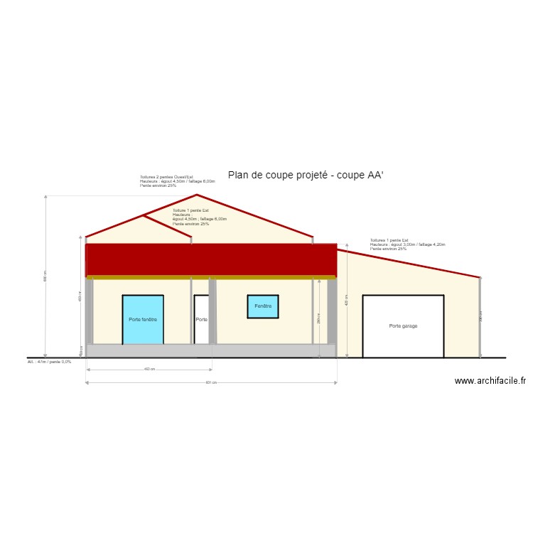 Plan de coupe projeté. Plan de 16 pièces et 63 m2