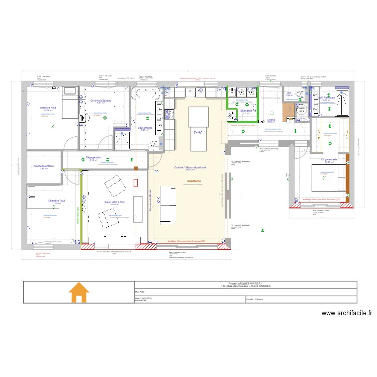 projet  LARQUET/WATIER : aménagement plombier. Plan de 14 pièces et 136 m2
