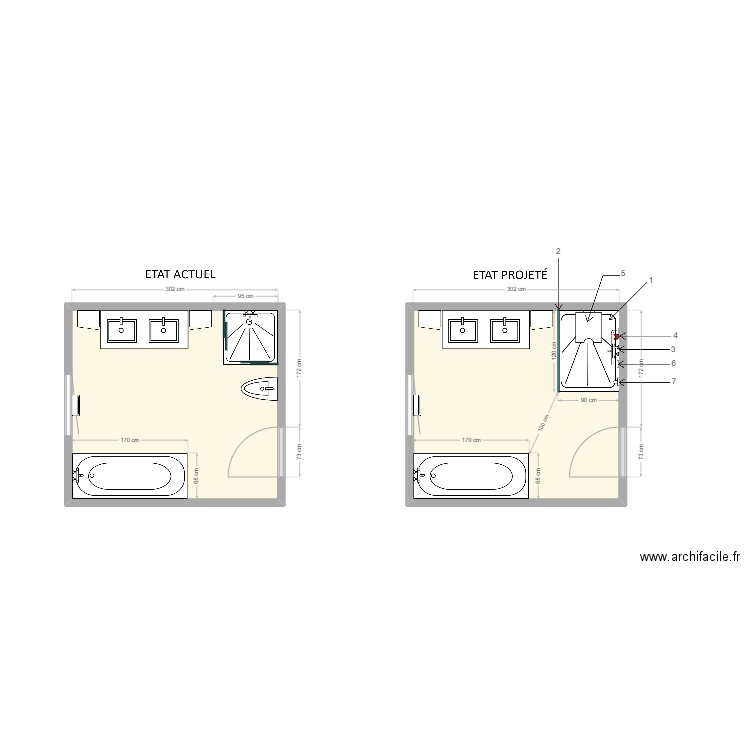 salle de bain HENNY. Plan de 2 pièces et 17 m2