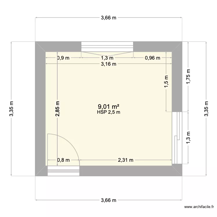 Chambre d'amis. Plan de 1  et 9 m²