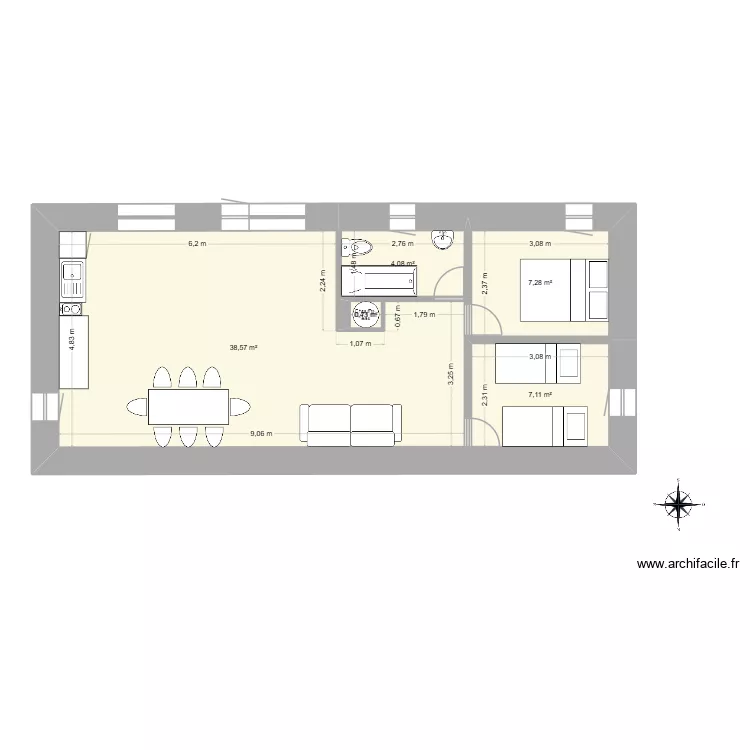 60 m&sup2;. Plan de 5  et 57 m²