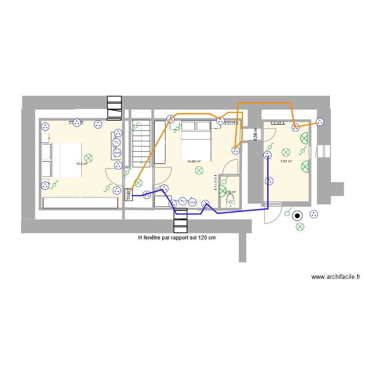 PRISES combles aménagés. Plan de 4 pièces et 40 m2