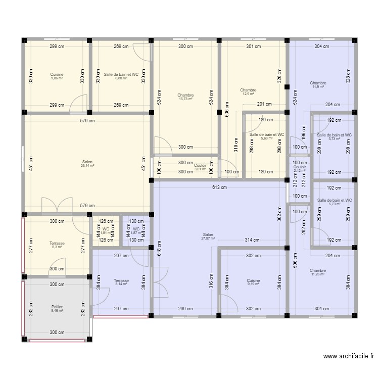 Etage. Plan de 19 pièces et 185 m2