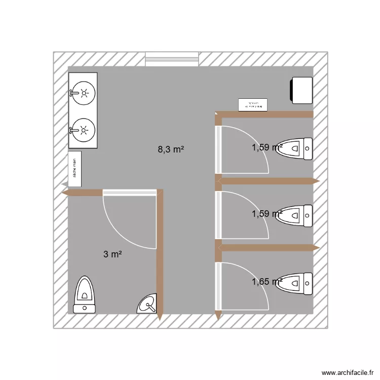toilette. Plan de 5  et 16 m²