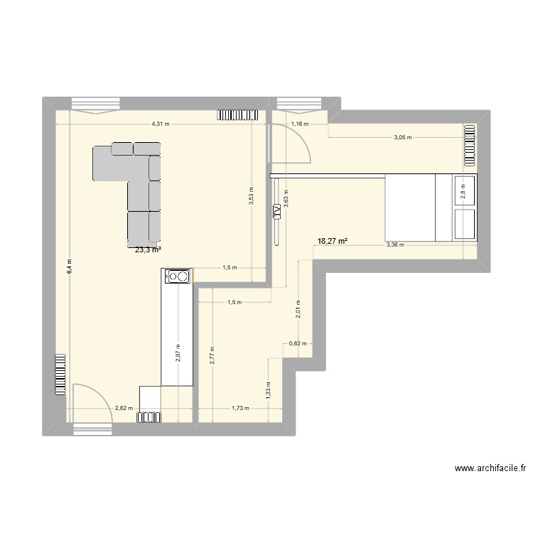 Salon. Plan de 2 pièces et 42 m2
