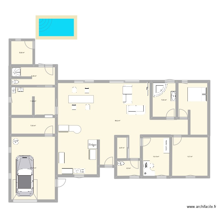 Plain pied N°3. Plan de 11 pièces et 184 m2