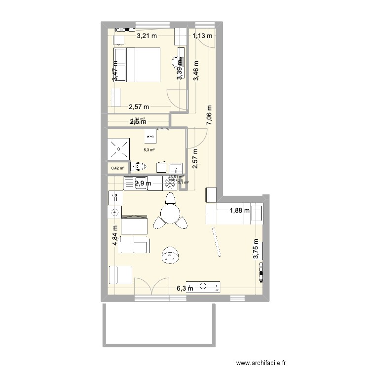 app rosa verda. Plan de 5 pièces et 54 m2