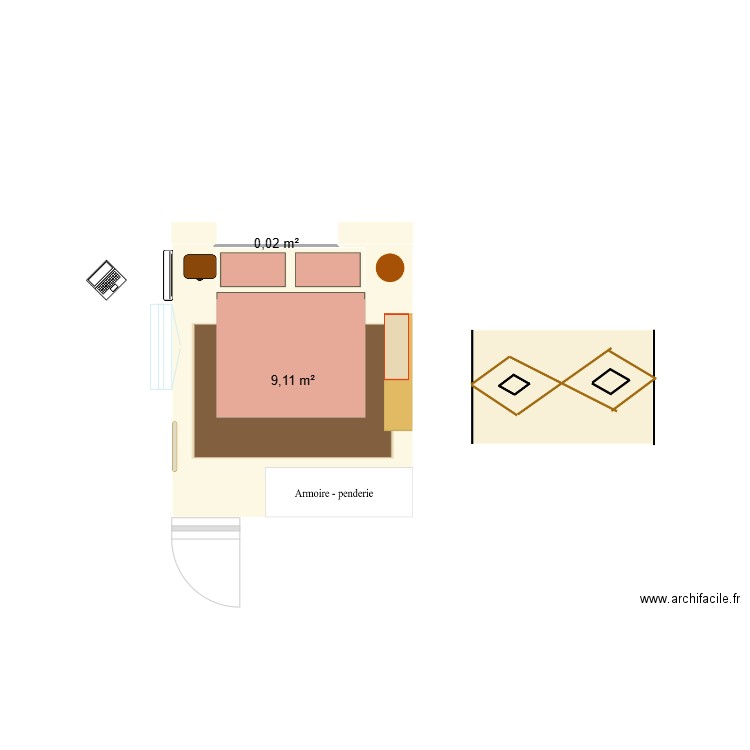 Chambre. Plan de 2 pièces et 9 m2