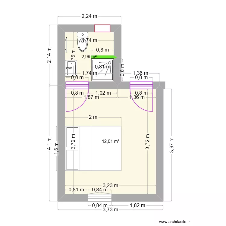 CHAMBRE COTE CUISINE + SALLE DE BAIN. Plan de 2  et 15 m²