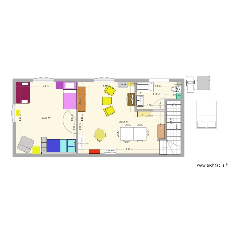 grenier + chambre. Plan de 3 pièces et 56 m2