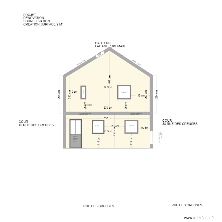 PLAN FACADE a garder. Plan de 2 pièces et 39 m2