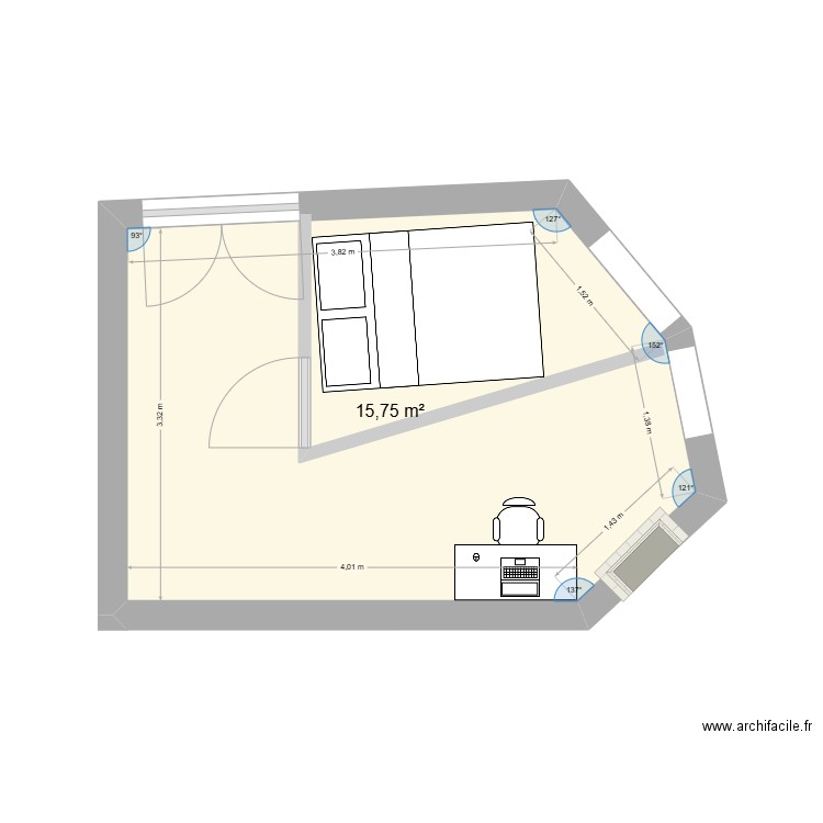 cuisine. Plan de 1 pièce et 16 m2
