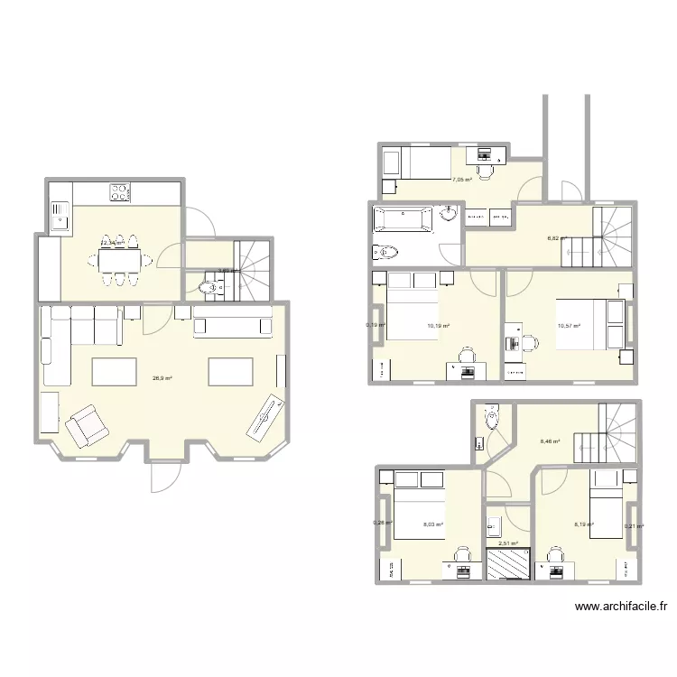 Cottage layout, bridge, two storey rear extension as bathroom and existing extension raised and protected stair version 2. Plan de 