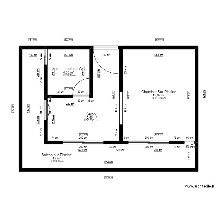 CHAMBRE DONNANT SUR LA PISCINE. Plan de 4 pièces et 46 m2