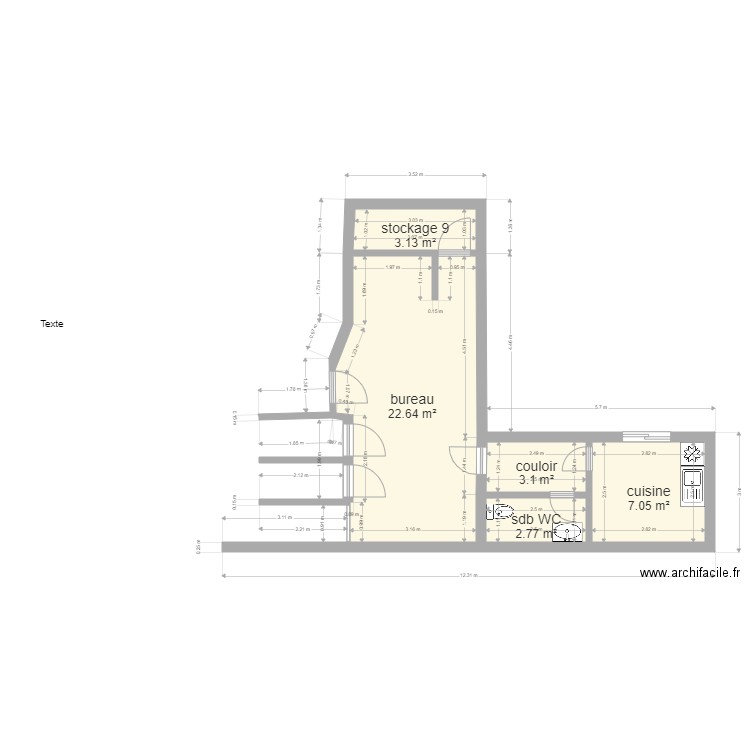 costumerie 3b. Plan de 5 pièces et 39 m2