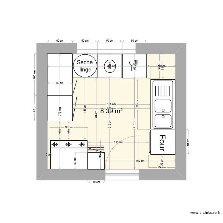 cuisine. Plan de 1 pièce et 8 m2