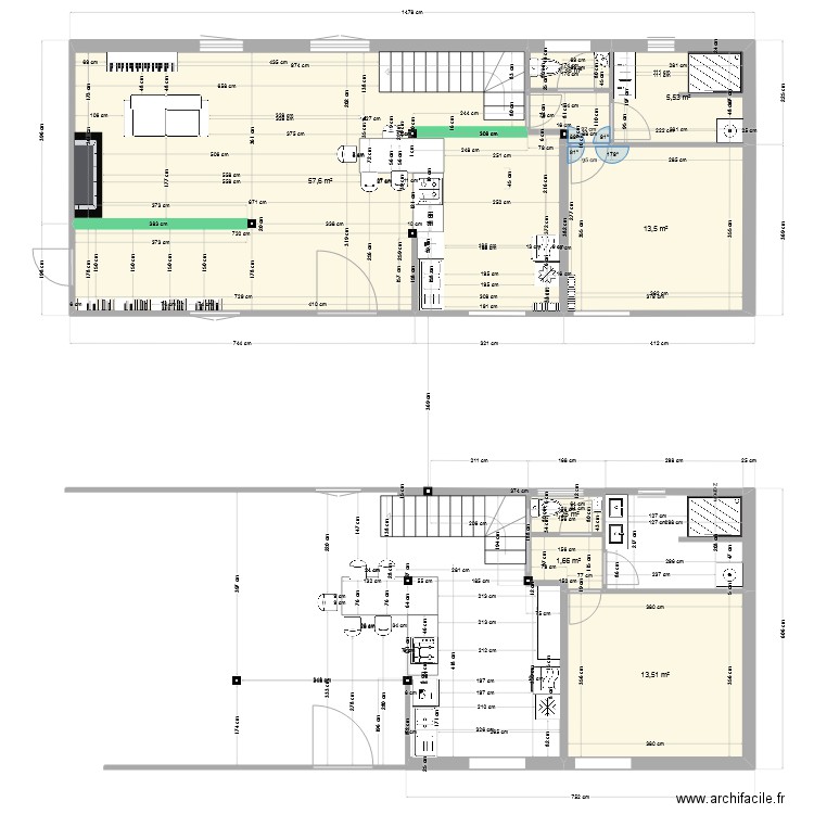 RDC charpente 5 mars 2024 cuisine demontée. Plan de 7 pièces et 94 m2