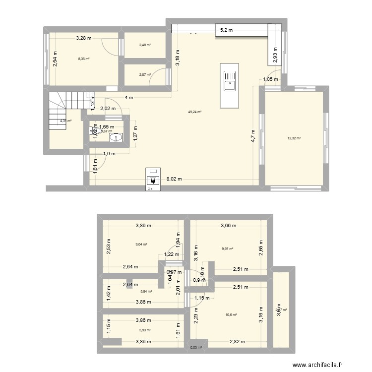 Angle. Plan de 14 pièces et 125 m2
