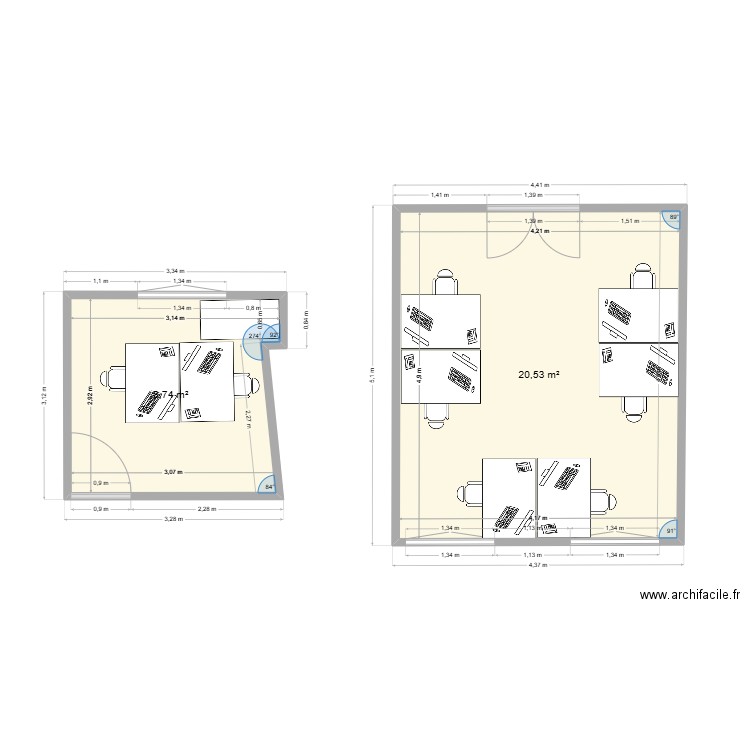 Bureaux. Plan de 2 pièces et 29 m2