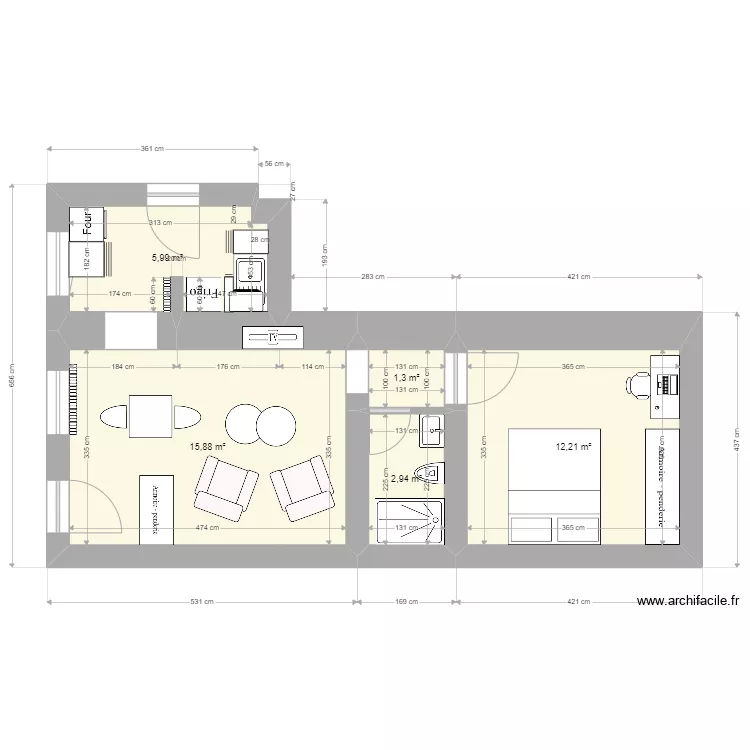Studio en F1. Plan de 5  et 38 m²