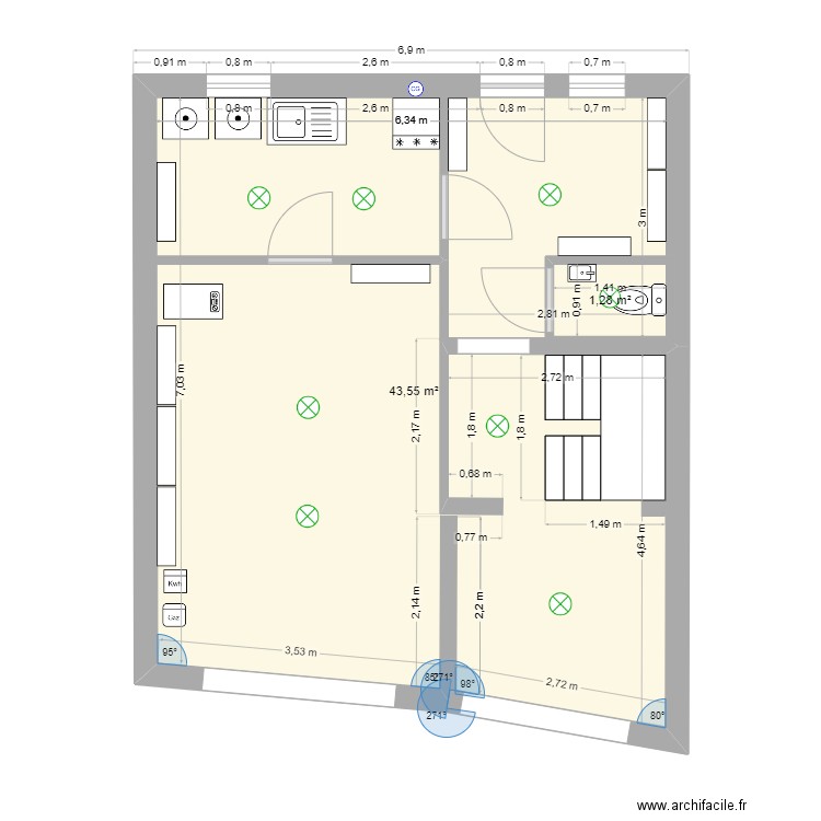 RDC - Après. Plan de 2 pièces et 47 m2