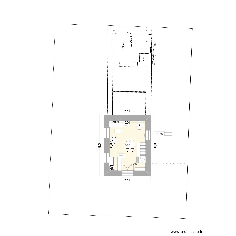 V1a_Longère escalier nord cuisine est. Plan de 5 pièces et 69 m2