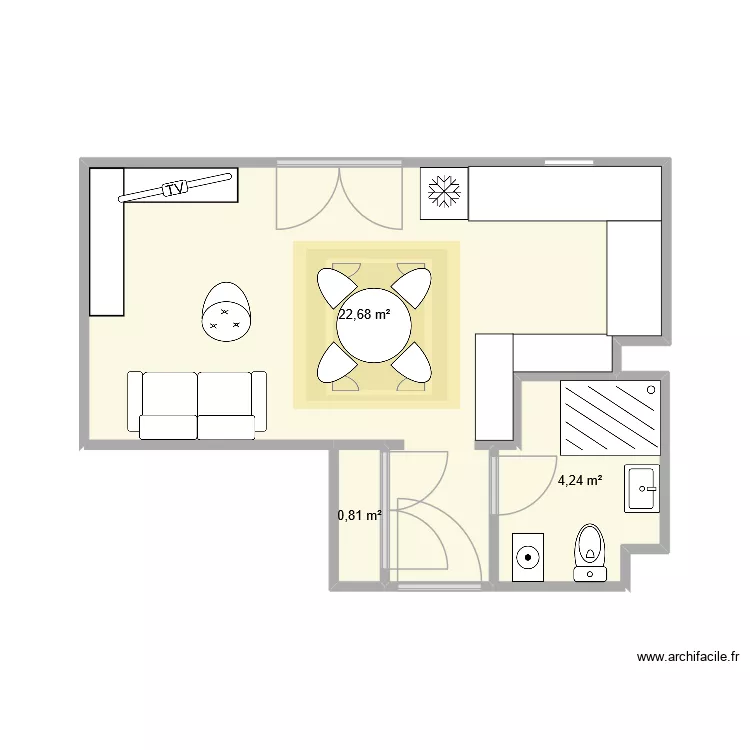 Studio. Plan de 3  et 28 m²
