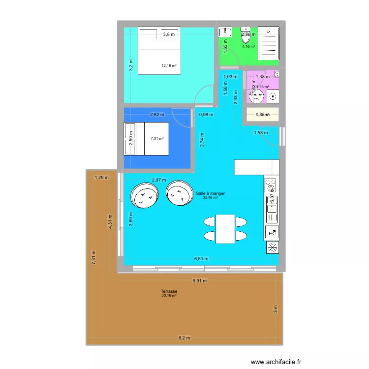 Cabane long. Plan de 7  et 92 m²