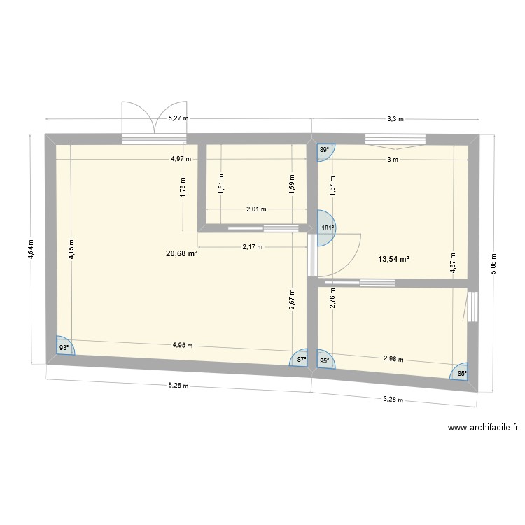 Chalet portes et fenêtres. Plan de 2 pièces et 34 m2