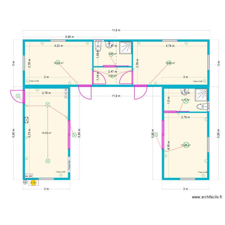BAUDOUIN. Plan de 7 pièces et 64 m2