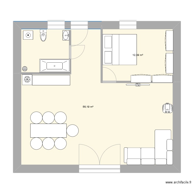 Grange. Plan de 2 pièces et 69 m2
