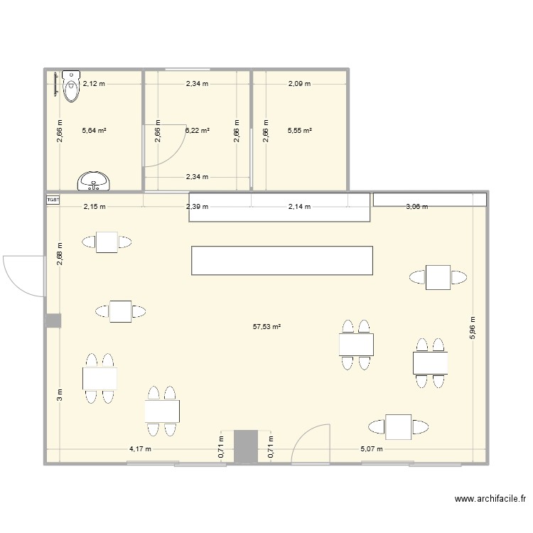 bar. Plan de 4 pièces et 75 m2