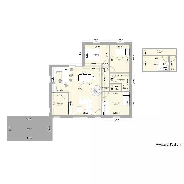 Maison 2. Plan de 12  et 113 m²