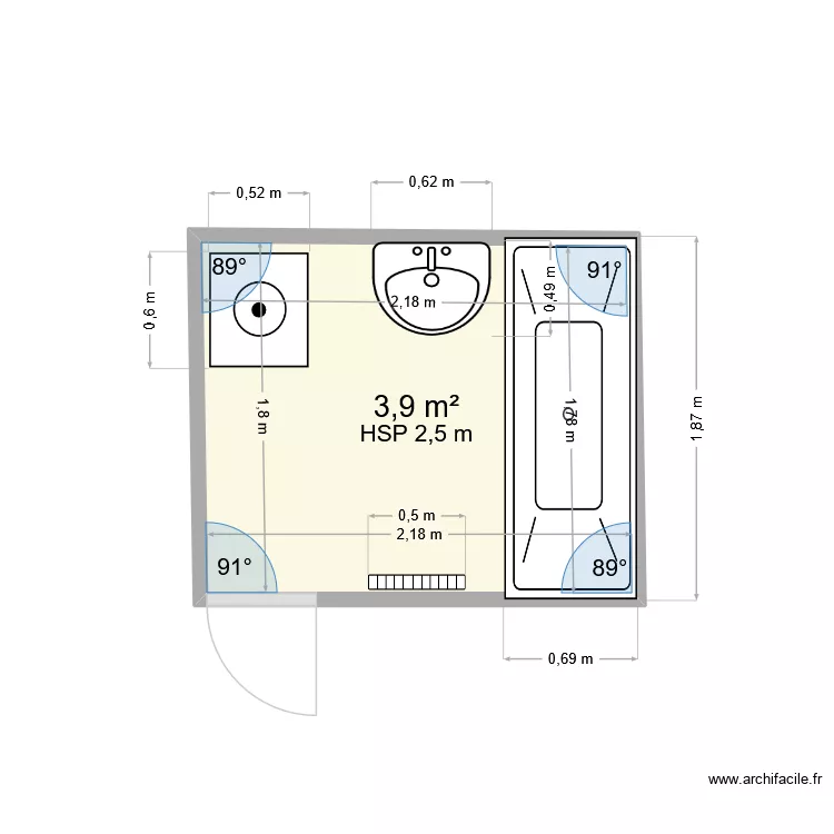 salle de bain. Plan de 1  et 4 m²