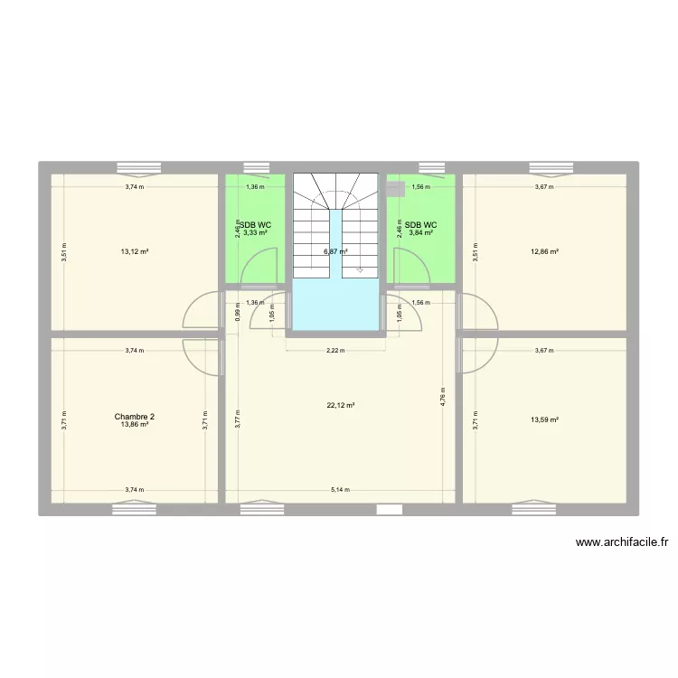 Plan 1er &eacute;tage projet collocation 4ch. Plan de 8 pièces et 90 m²