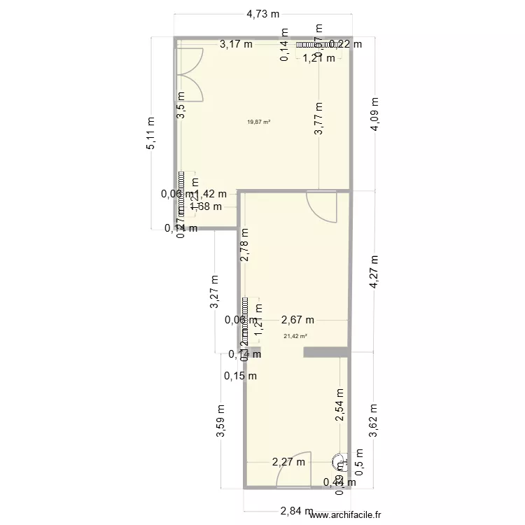 salle pasa. Plan de 2  et 41 m²